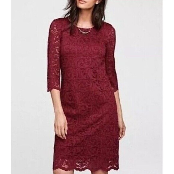 GARNET HILL Burgundy Three-Quarter-Sleeve Lace Dress Women's Size 0 Excellent UC - Picture 1 of 11